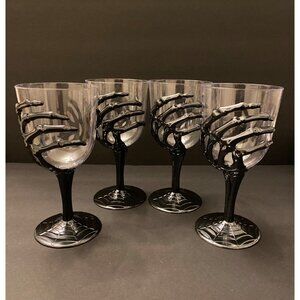 Set Of 4 Metallic Silver Gothic 3D Skeleton Hand Goblets with Spider Web Base